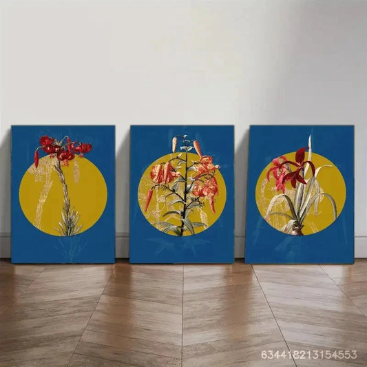 3pcs Red Florals on Blue Background as Poster Metal Print Ready to Hang Art