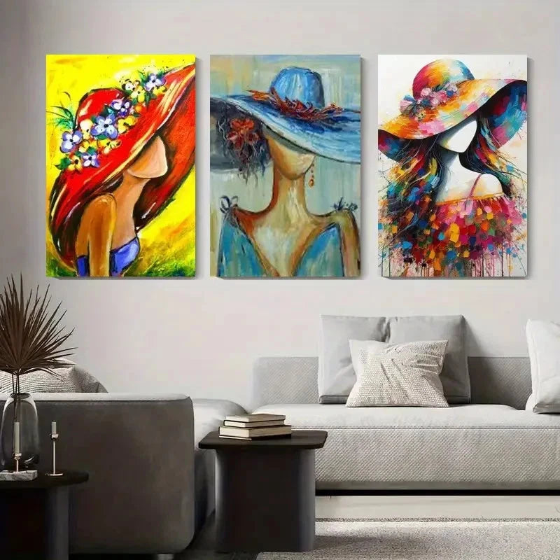 3pcs Vibrant Abstract Women with Wide-Brim Hat Metal Print Ready to Hang Art