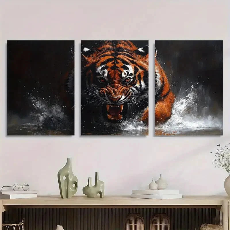 3pcs Angry Red Eyed Tiger Vibrant Wildlife Scene Metal Print Ready to Hang Art