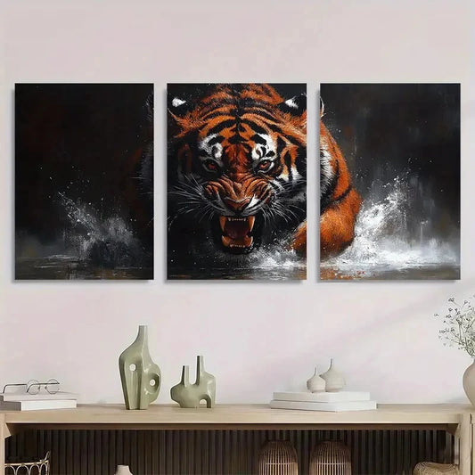 3pcs Angry Red Eyed Tiger Vibrant Wildlife Scene Metal Print Ready to Hang Art