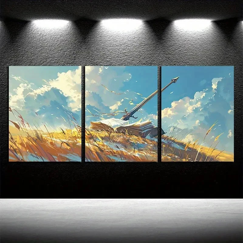 3pcs Vibrant Sword in Grass Design Metal Print Ready to Hang Art