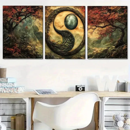 3pcs Yin and Yang in a Magical Landscape Metal Print Ready to Hang Art