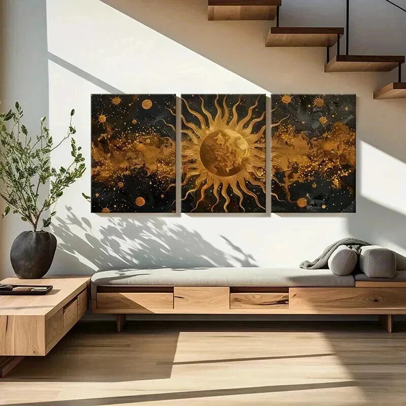3pcs Golden Sun & Celestial Retro Space Design Wall Art Set Canvas Framed 50x70cm - High Quality Print 100% Australian Made Wall Canvas Ready to Hang