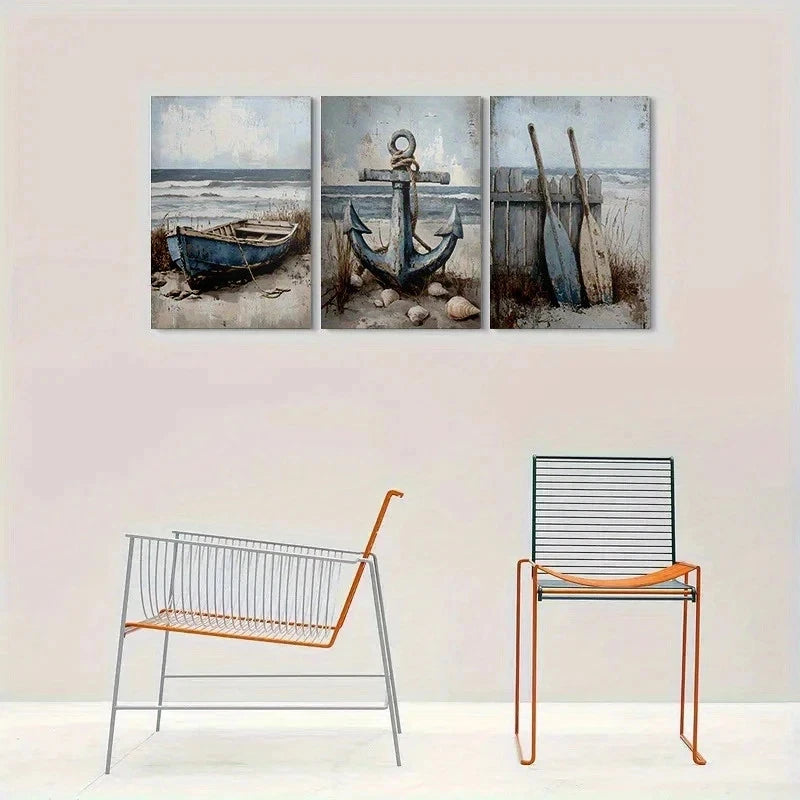 3pcs Beach Scene Nautical Boat Oars Coastal Metal Print Ready to Hang Art