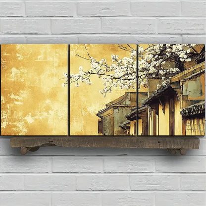 3pcs Traditional Architecture & Plum Blossoms Metal Print Ready to Hang Art