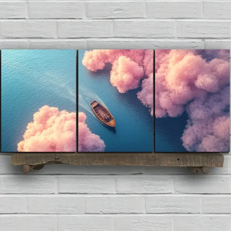 3pcs Abstract Cloudy Sea Pink Themed Metal Print Ready to Hang Art