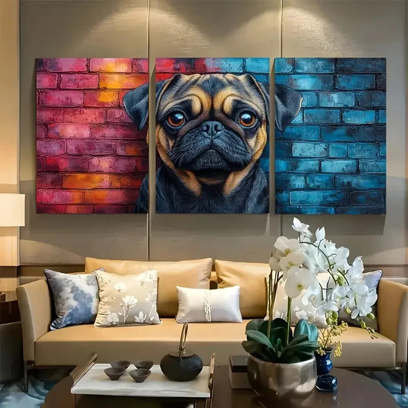 3pcs Cute Pug with Brick Wall Background Design Metal Print Ready to Hang Art