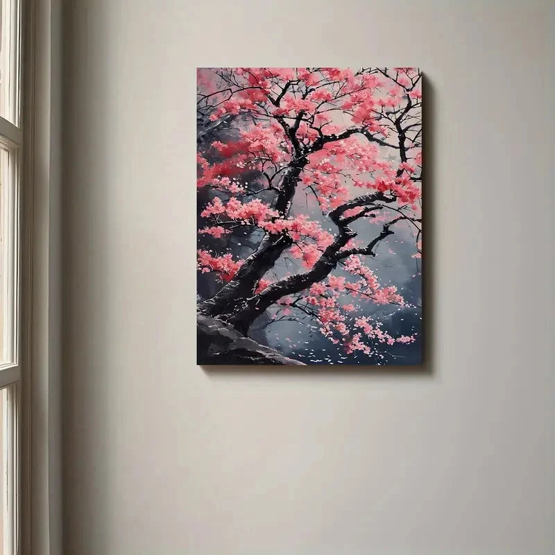 Canvas print of a cherry blossom tree with pink flowers on a gray background, hanging on a wall.