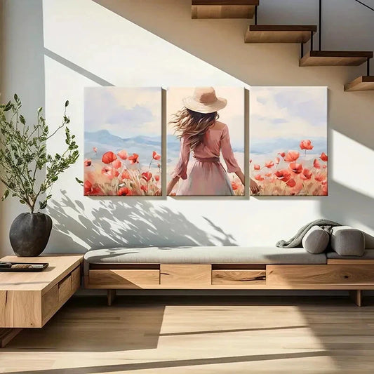 3pcs Flower Field Woman In Hat Mountain View Metal Print Ready to Hang Art