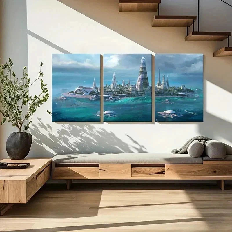 3pcs Futuristic Sci-Fi Island Scene Wall Art Set Canvas Framed 40x60cm - High Quality Print 100% Australian Made Wall Canvas Ready to Hang