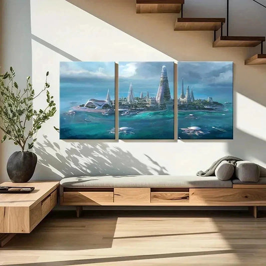 3pcs Futuristic Sci-Fi Island Scene Wall Art Set Canvas Framed 40x60cm - High Quality Print 100% Australian Made Wall Canvas Ready to Hang