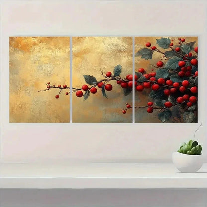 3pcs Golden-Toned Holly Branches with Red Berries Metal Print Ready to Hang Art
