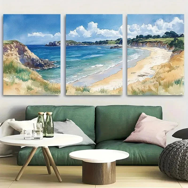 3pcs Trevone Bay, United Kingdom Watercolor Metal Print Ready to Hang Art