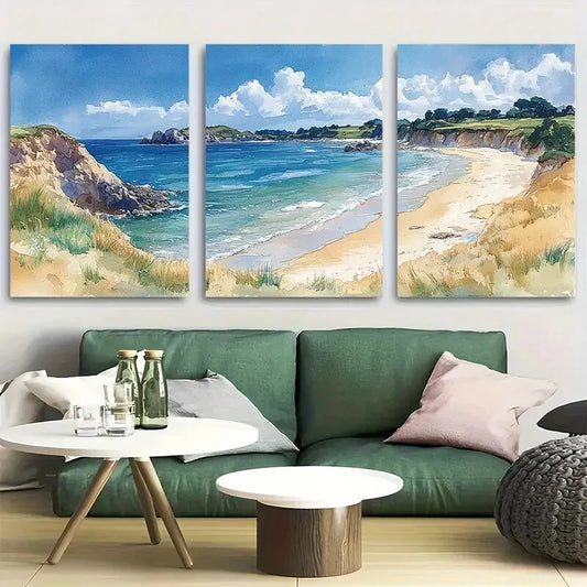 3pcs Trevone Bay, United Kingdom Watercolor Metal Print Ready to Hang Art