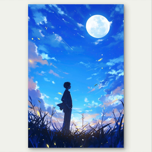 Anime Boy Under a Starry Blue Night Sky 40x60cm Metal Print Ready to Hang