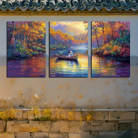 3pcs Charming Couple on a Boat in the Forest Metal Print Ready to Hang Art