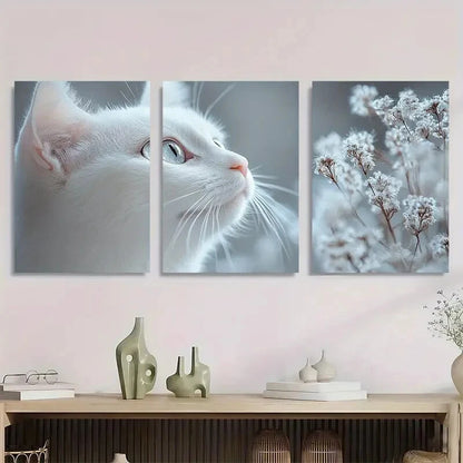 3pcs White Serene Cat & Floral Metal Print Ready to Hang Art