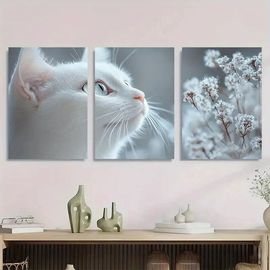 3pcs White Serene Cat & Floral Metal Print Ready to Hang Art