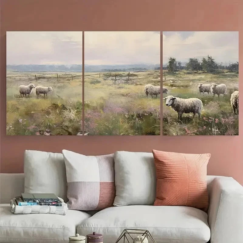 3pcs Sheep in the Meadow Anton Mauve Style Metal Print Ready to Hang Art