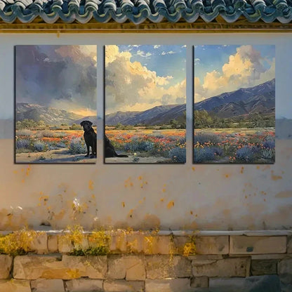 3pcs Rainbow Flowers and A Little Dog on The Field Metal Print Ready to Hang Art