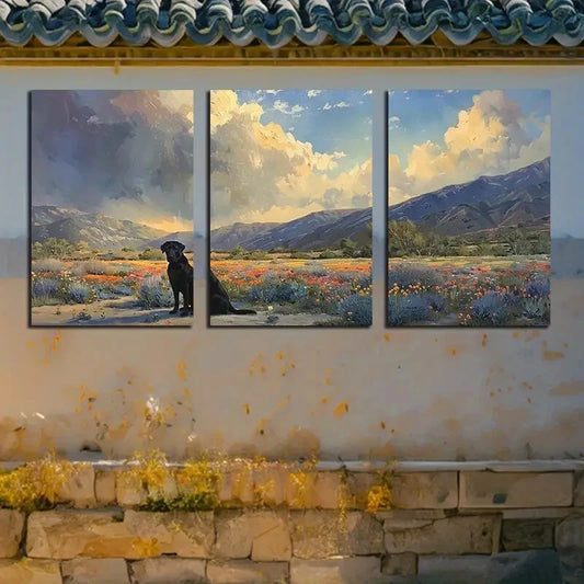 3pcs Rainbow Flowers and A Little Dog on The Field Metal Print Ready to Hang Art