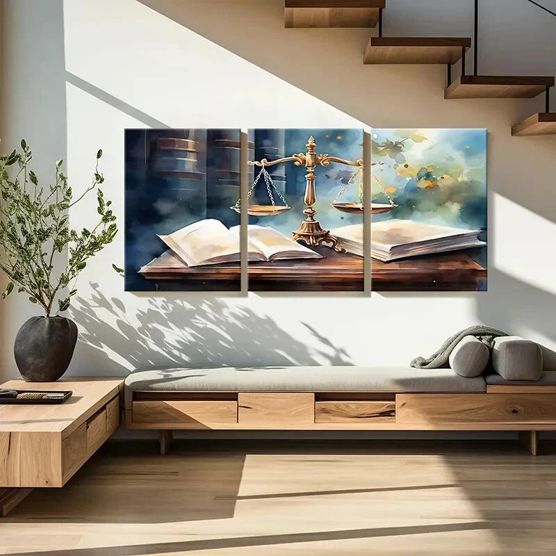 3pcs Golden Scales & Open Books Lawyers Office Wall Art Set Canvas Framed 40x60cm - High Quality Print 100% Australian Made Wall Canvas Ready to Hang