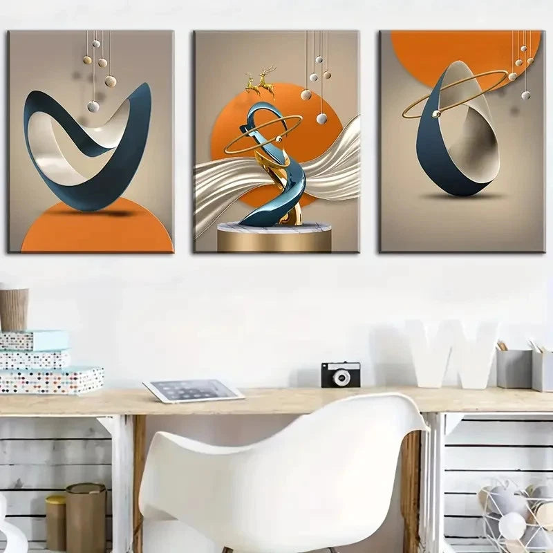 3pcs Abstract Navy Blue Golden Beige Metal Print Ready to Hang Art