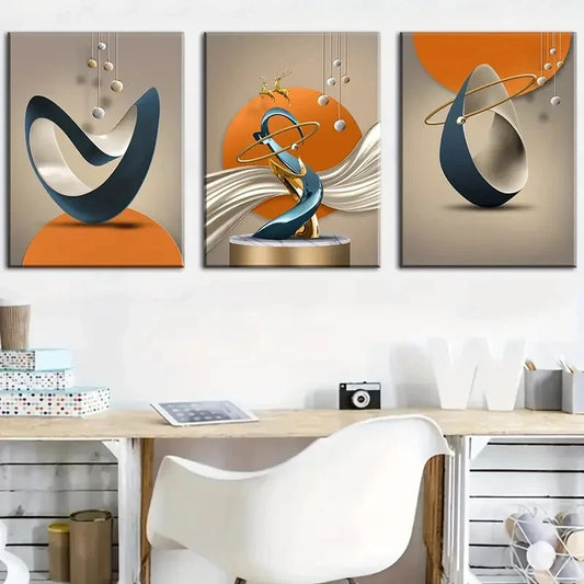 3pcs Abstract Navy Blue Golden Beige Metal Print Ready to Hang Art