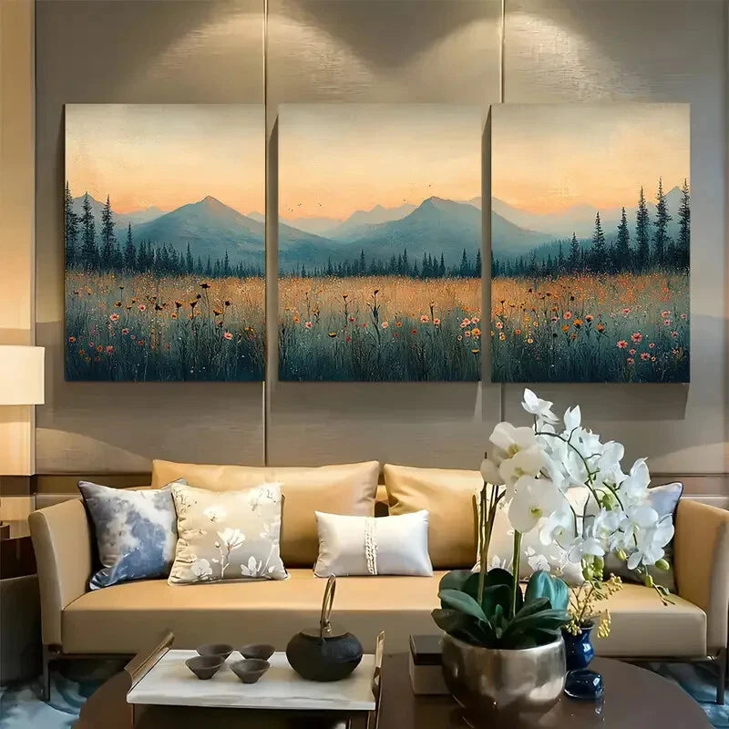 3pcs Minimalist Wildflower Meadow Mountain Metal Print Ready to Hang Art