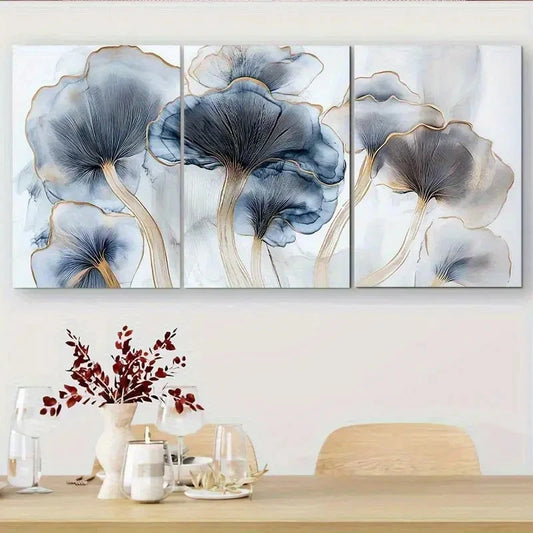 3pcs Three-Piece Blue and Golden Mushroom Metal Print Ready to Hang Art