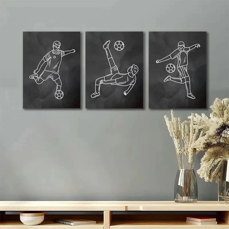 3pcs Soccer Football White Lines Metal Print Ready to Hang Art
