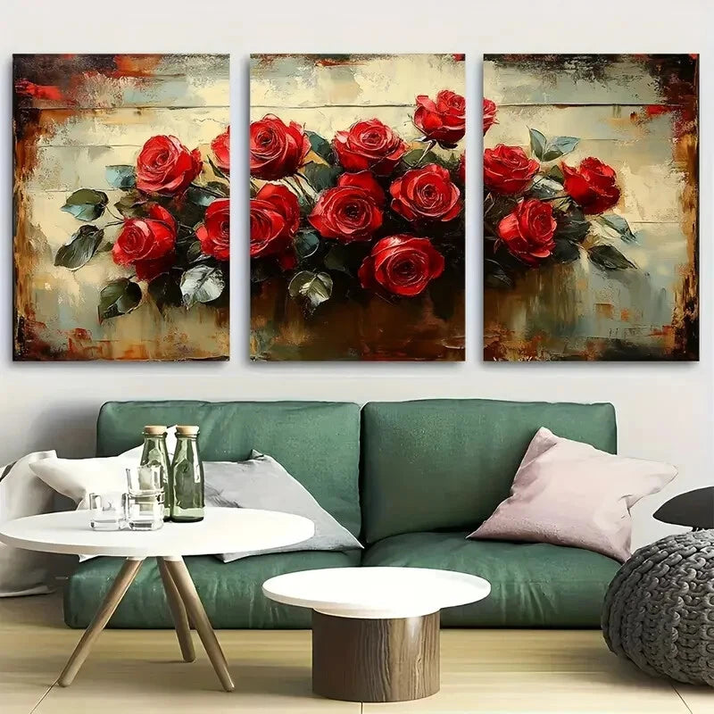 3pcs Elegant Romantic Red Rose Bouquet Metal Print Ready to Hang Art