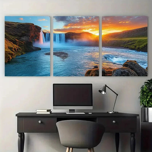 3pcs Serene Iceland Waterfall Godafoss at Sunset Metal Print Ready to Hang Art