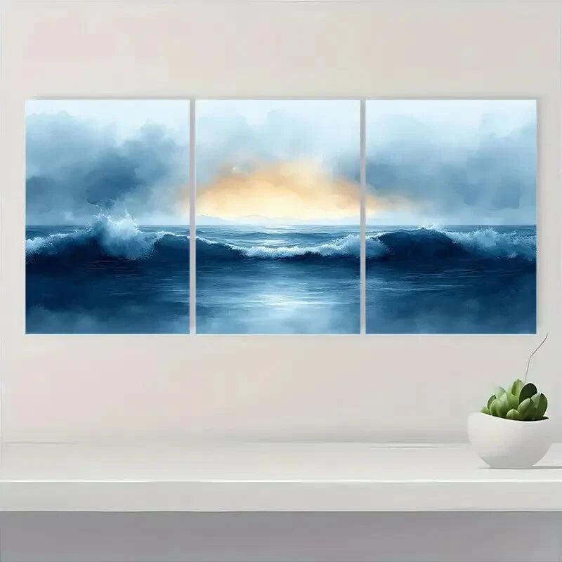 3pcs Ocean Beach Painting in Watercolor Style Metal Print Ready to Hang Art