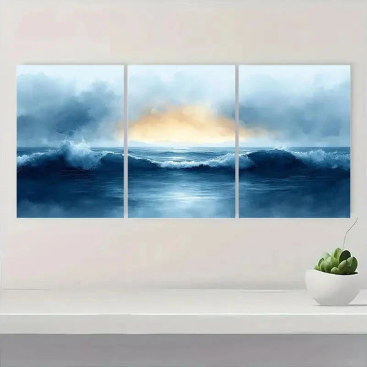 3pcs Ocean Beach Painting in Watercolor Style Metal Print Ready to Hang Art