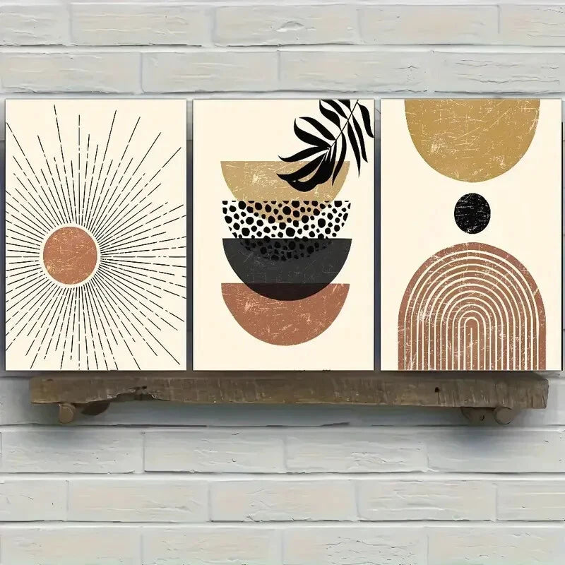 3pcs Sun Plant and Bauhaus Bohemian Style Metal Print Ready to Hang Art