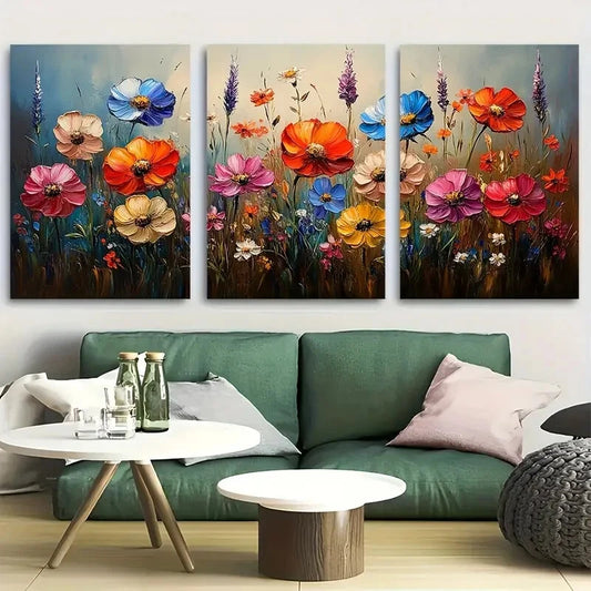 3pcs Vibrant Spring Wildflower Meadow Metal Print Ready to Hang Art