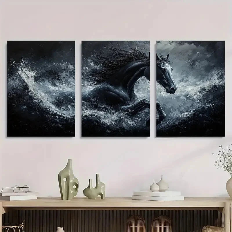 3pcs Abstract Horse Oil Paintings Black & White Metal Print Ready to Hang Art