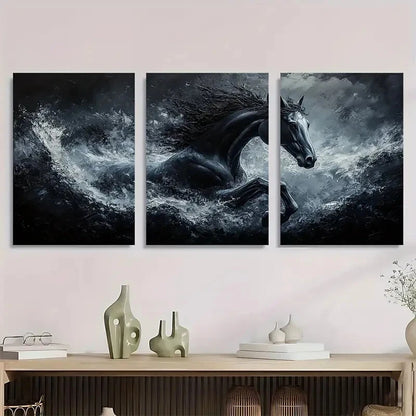 3pcs Abstract Horse Oil Paintings Black & White Metal Print Ready to Hang Art