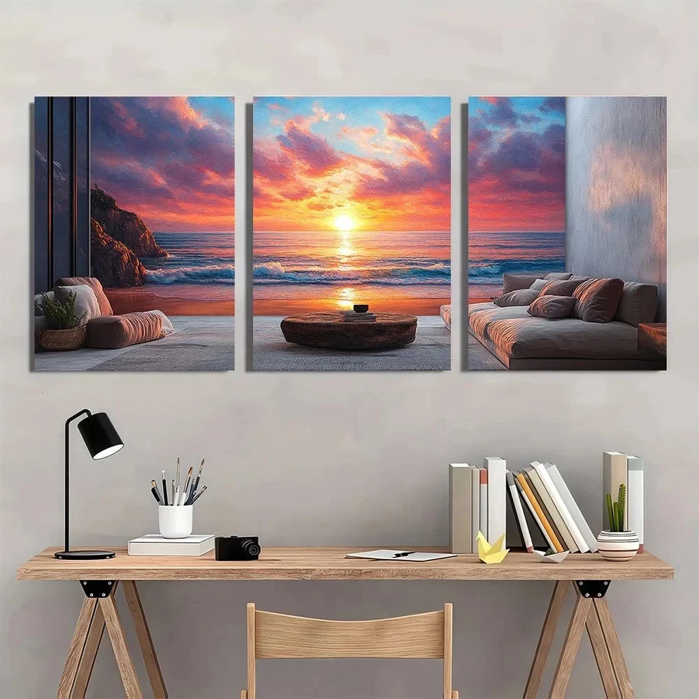 3pcs Seascape Oil Painting Sunset Ocean Metal Print Ready to Hang Art