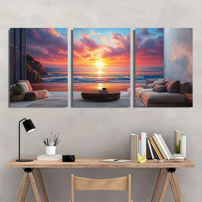 3pcs Seascape Oil Painting Sunset Ocean Metal Print Ready to Hang Art