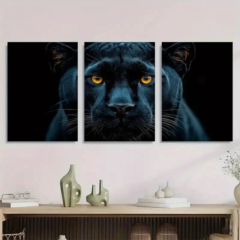 3pcs Vintage Striking Black Panther Metal Print Ready to Hang Art