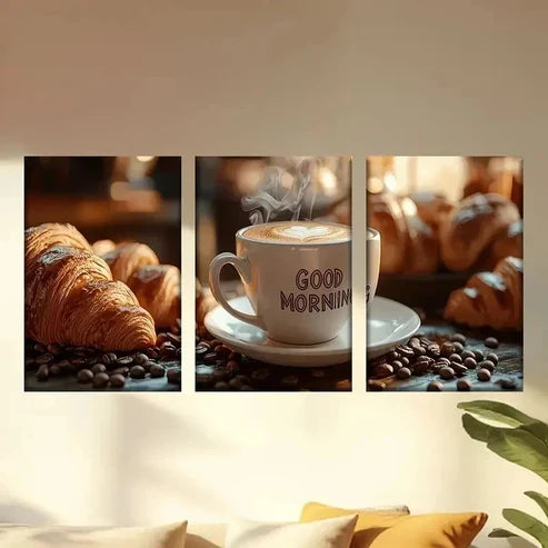 3pcs Coffee & Croissants Morning Scene Wall Art Canvas Unframed – High Quality Print 100% Australian Made Wall Canvas