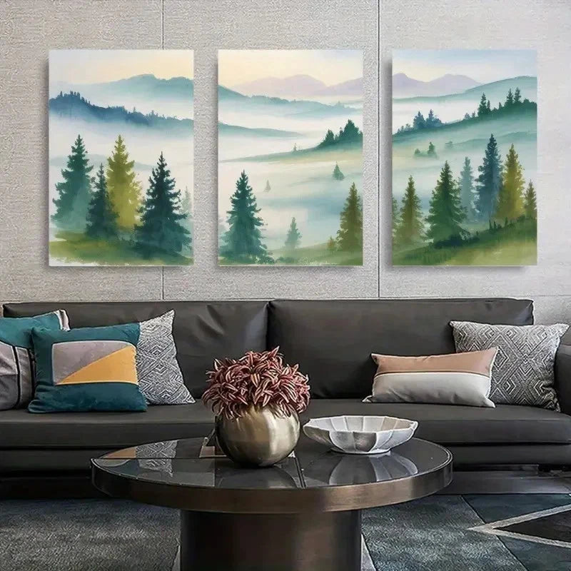 3pcs Misty Mountains & Pine Trees Landscape Metal Print Ready to Hang Art