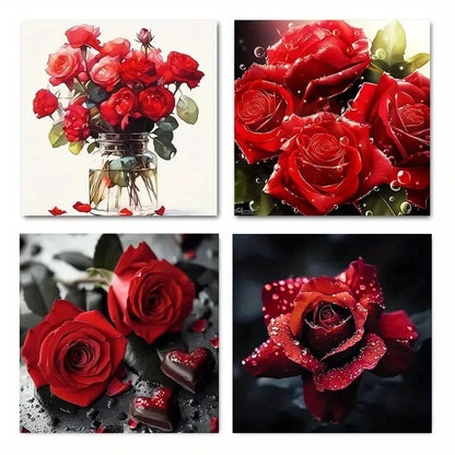 4pcs Black And Red Rose Colorful Floral Wall Art Canvas Framed