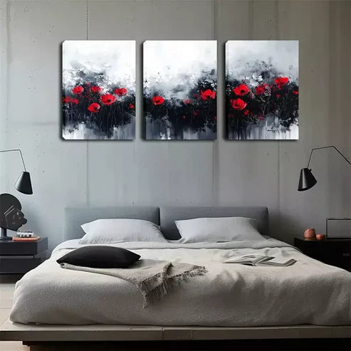 3pcs Black And White Background, Red Flowers Wall Art Set Wall Art Canvas Unframed - High Quality Print 100% Australian Made Wall Canvas