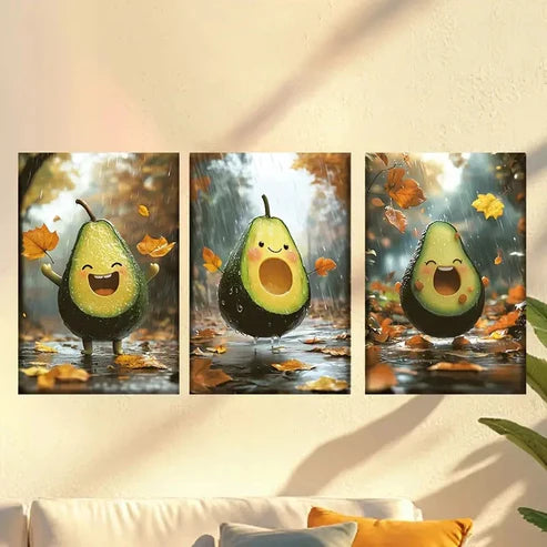 3pcs Happy Avocados Wall Art Canvas Unframed - High Quality Print 100% Australian Made Wall Canvas