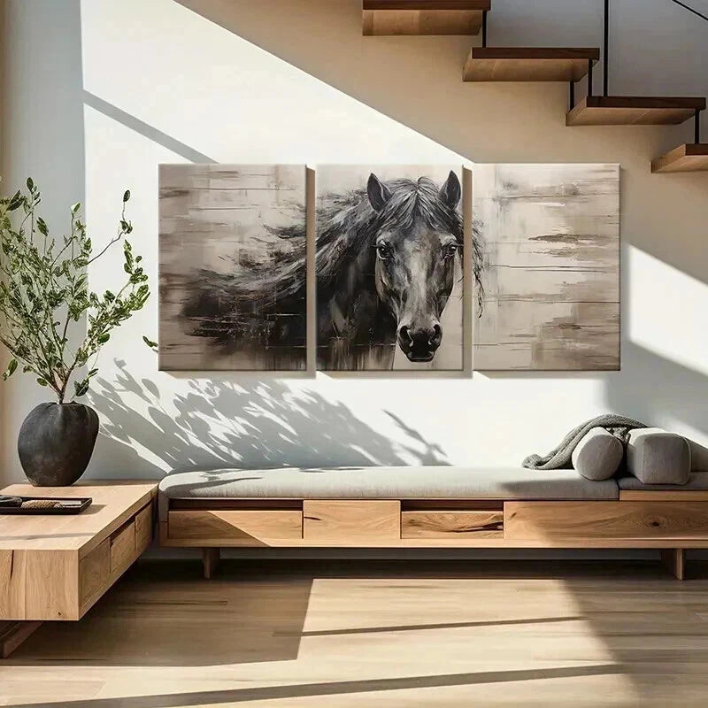 3pcs Vintage Animal Art Dark Horse Farmhouse Wall Art Set Canvas Framed 40x60cm - High Quality Print 100% Australian Made Wall Canvas Ready to Hang