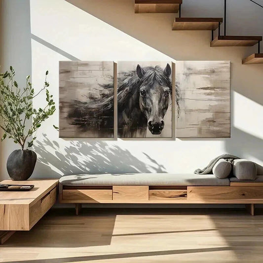 3pcs Vintage Animal Art Dark Horse Farmhouse Wall Art Set Canvas Framed 40x60cm - High Quality Print 100% Australian Made Wall Canvas Ready to Hang