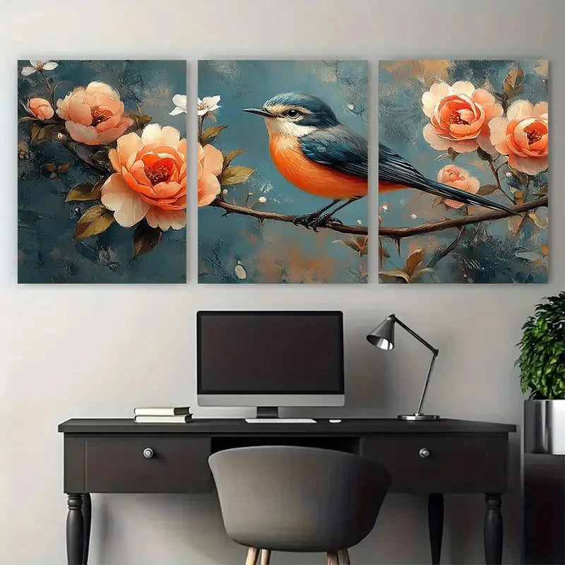 3pcs Peonies Jasmine Roses Birds Florals Metal Print Ready to Hang Art